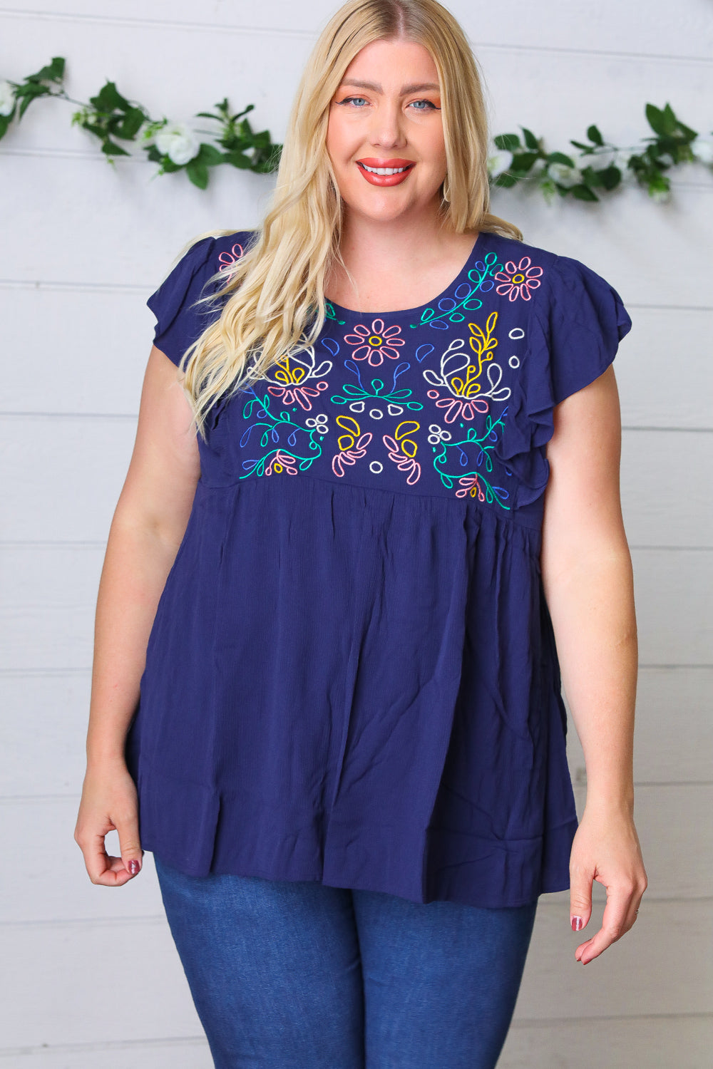 Navy Floral Flutter Sleeve Top