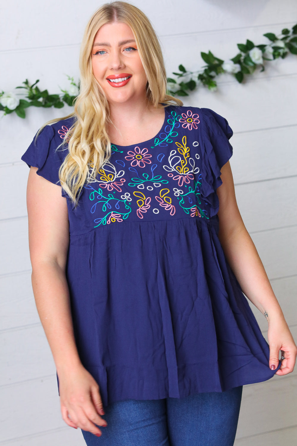Navy Floral Flutter Sleeve Top