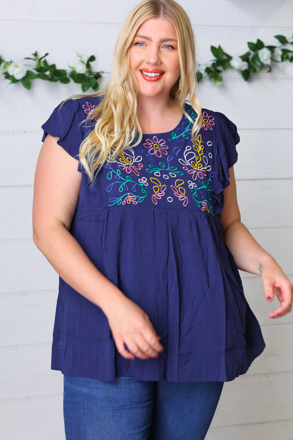 Navy Floral Flutter Sleeve Top