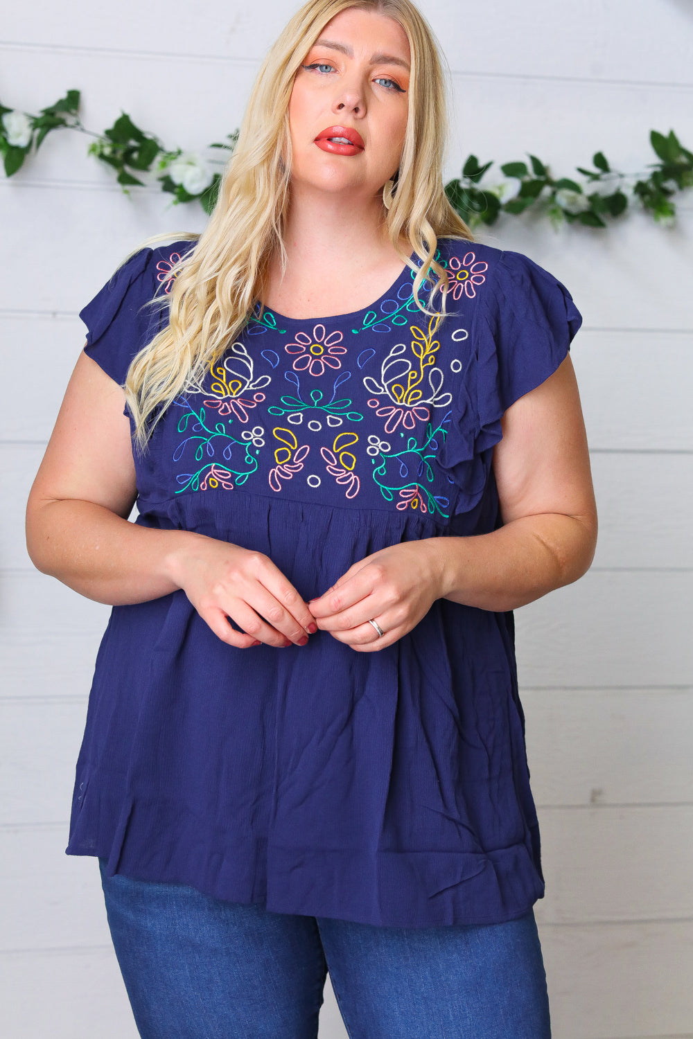 Navy Floral Flutter Sleeve Top