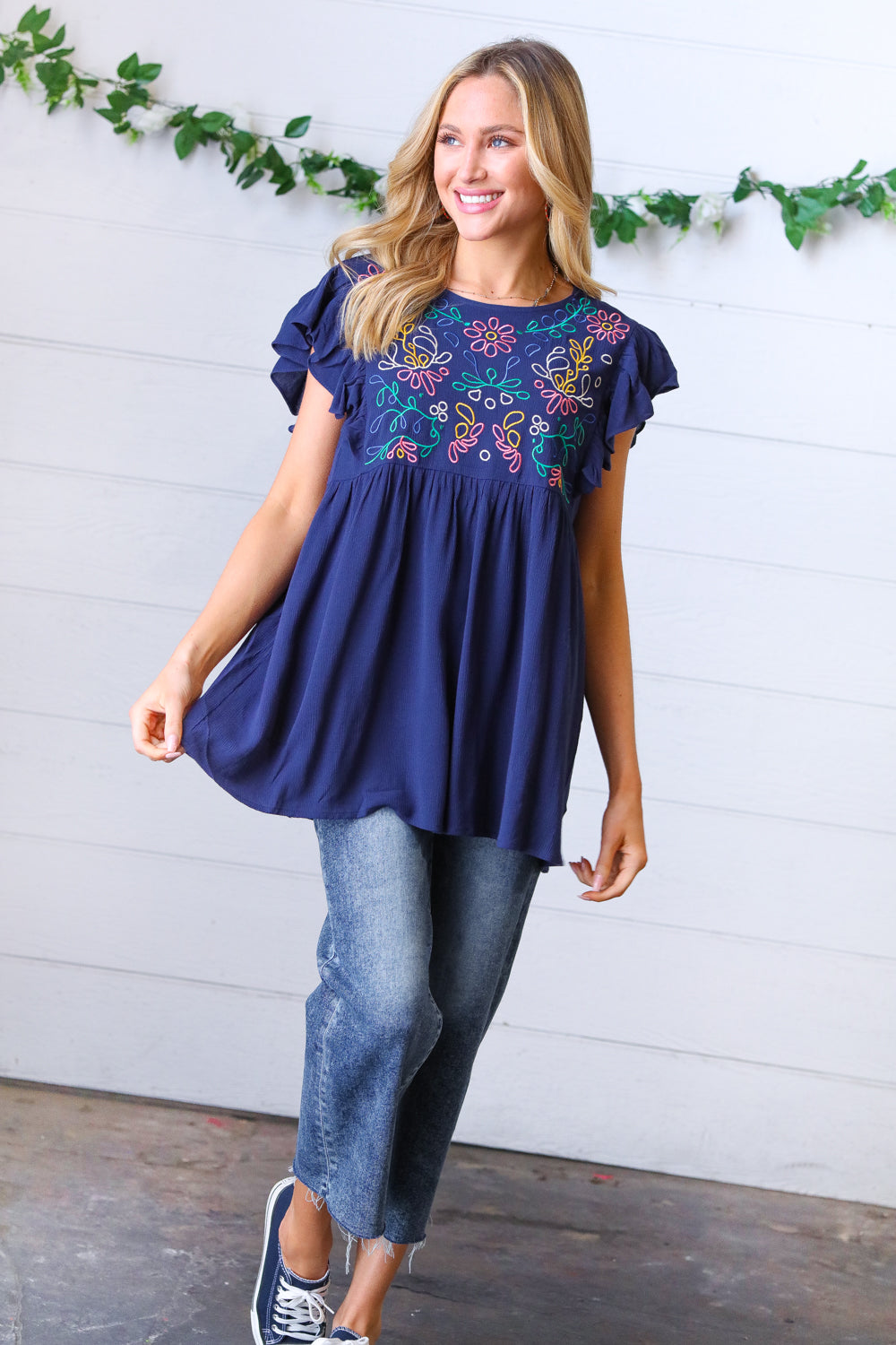 Navy Floral Flutter Sleeve Top