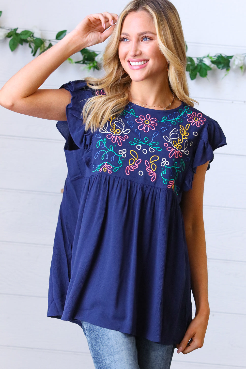 Navy Floral Flutter Sleeve Top