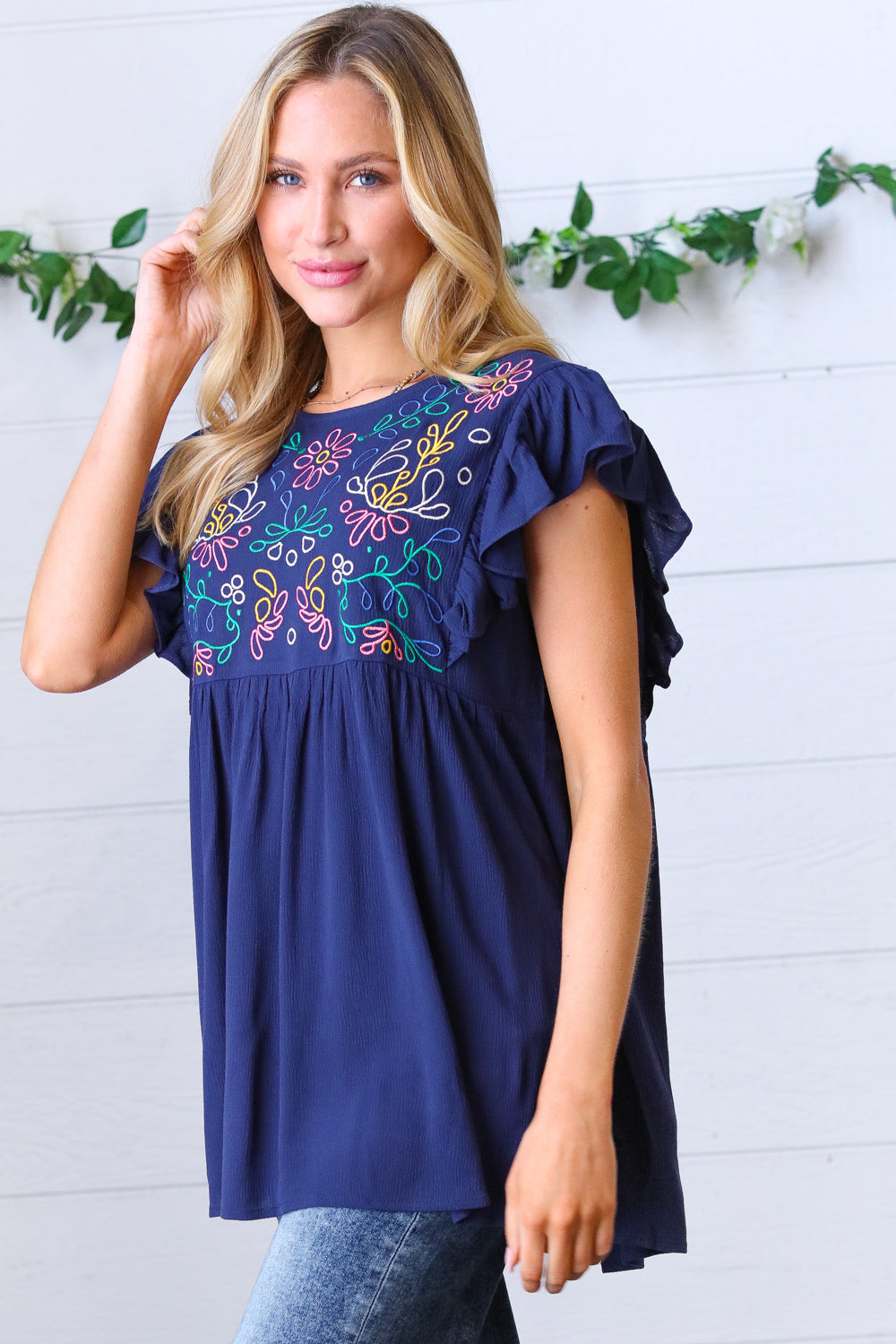 Navy Floral Flutter Sleeve Top