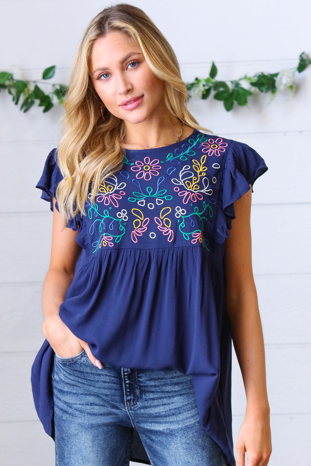 Navy Floral Flutter Sleeve Top