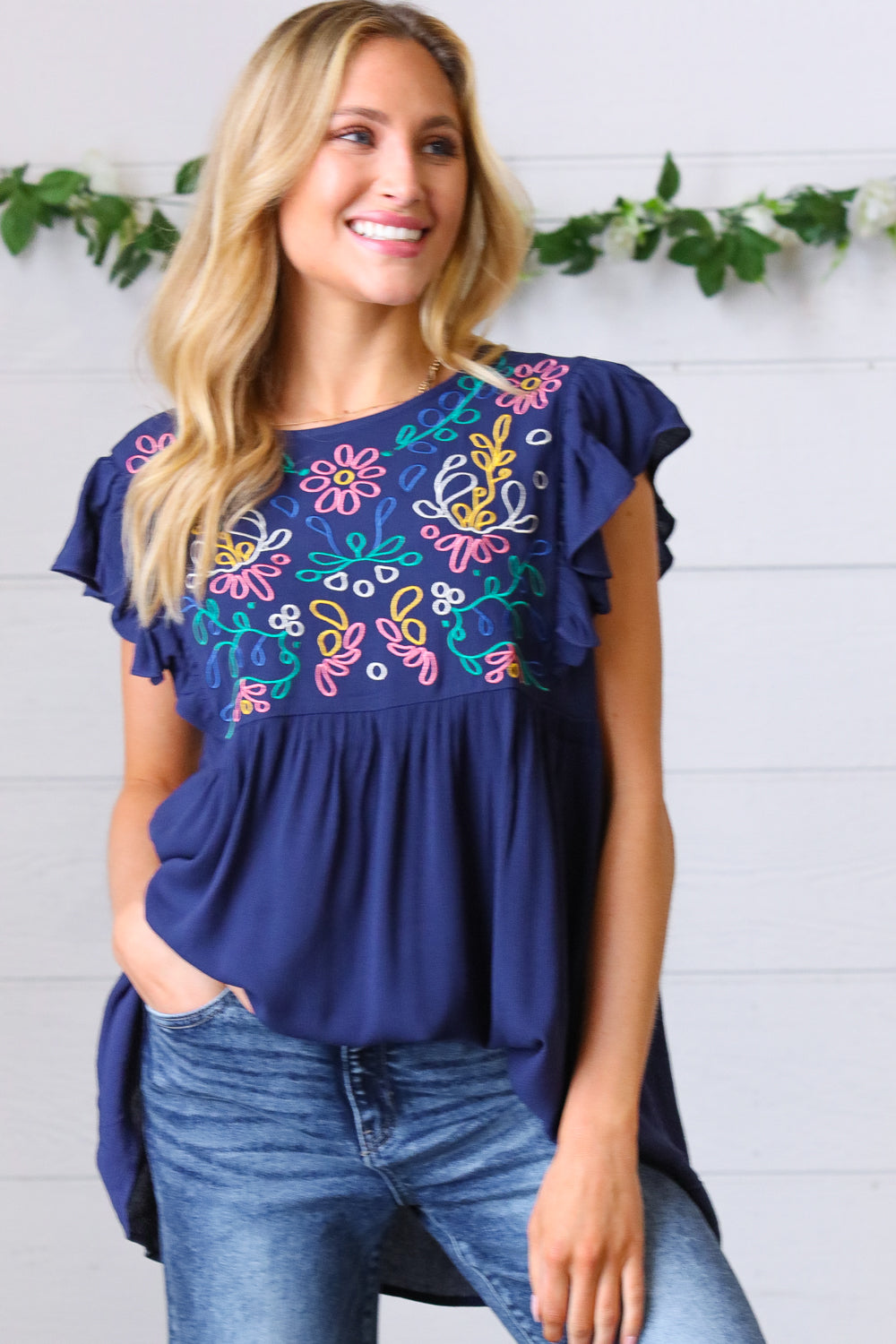 Navy Floral Flutter Sleeve Top