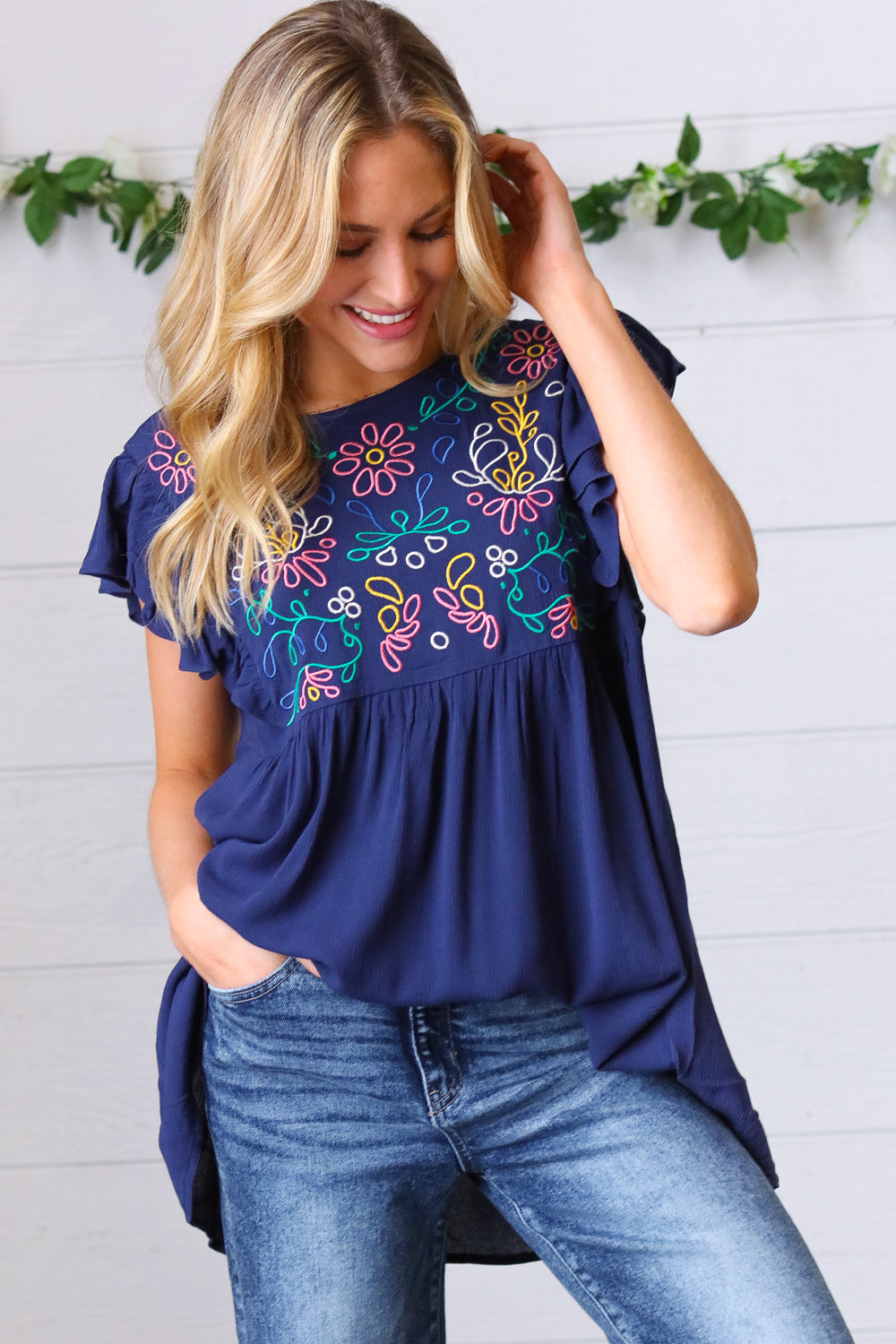 Navy Floral Flutter Sleeve Top