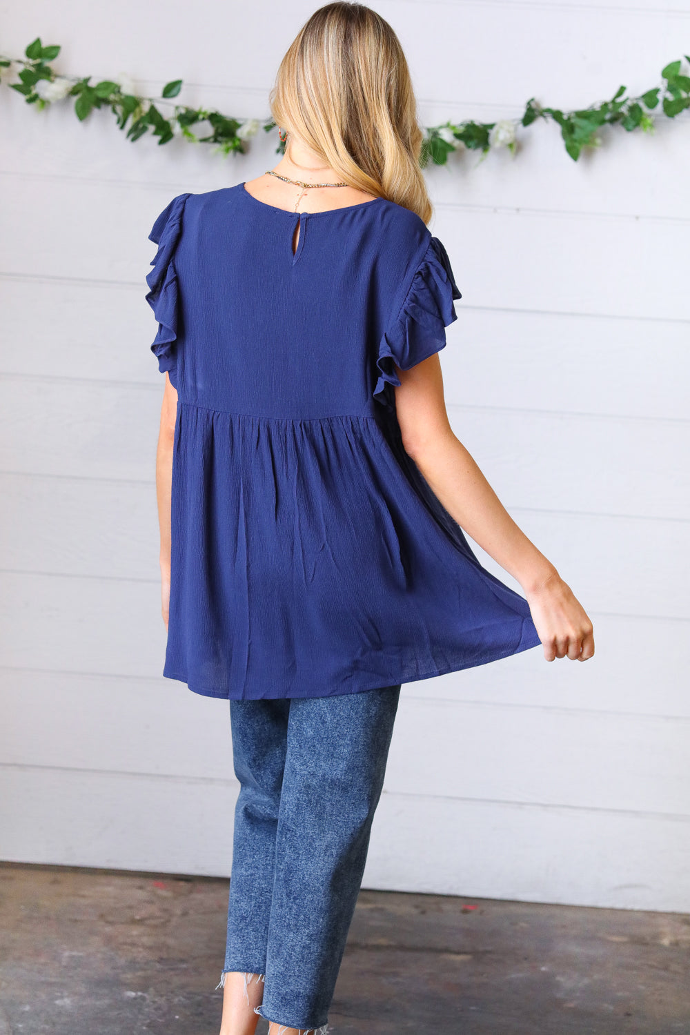 Navy Floral Flutter Sleeve Top