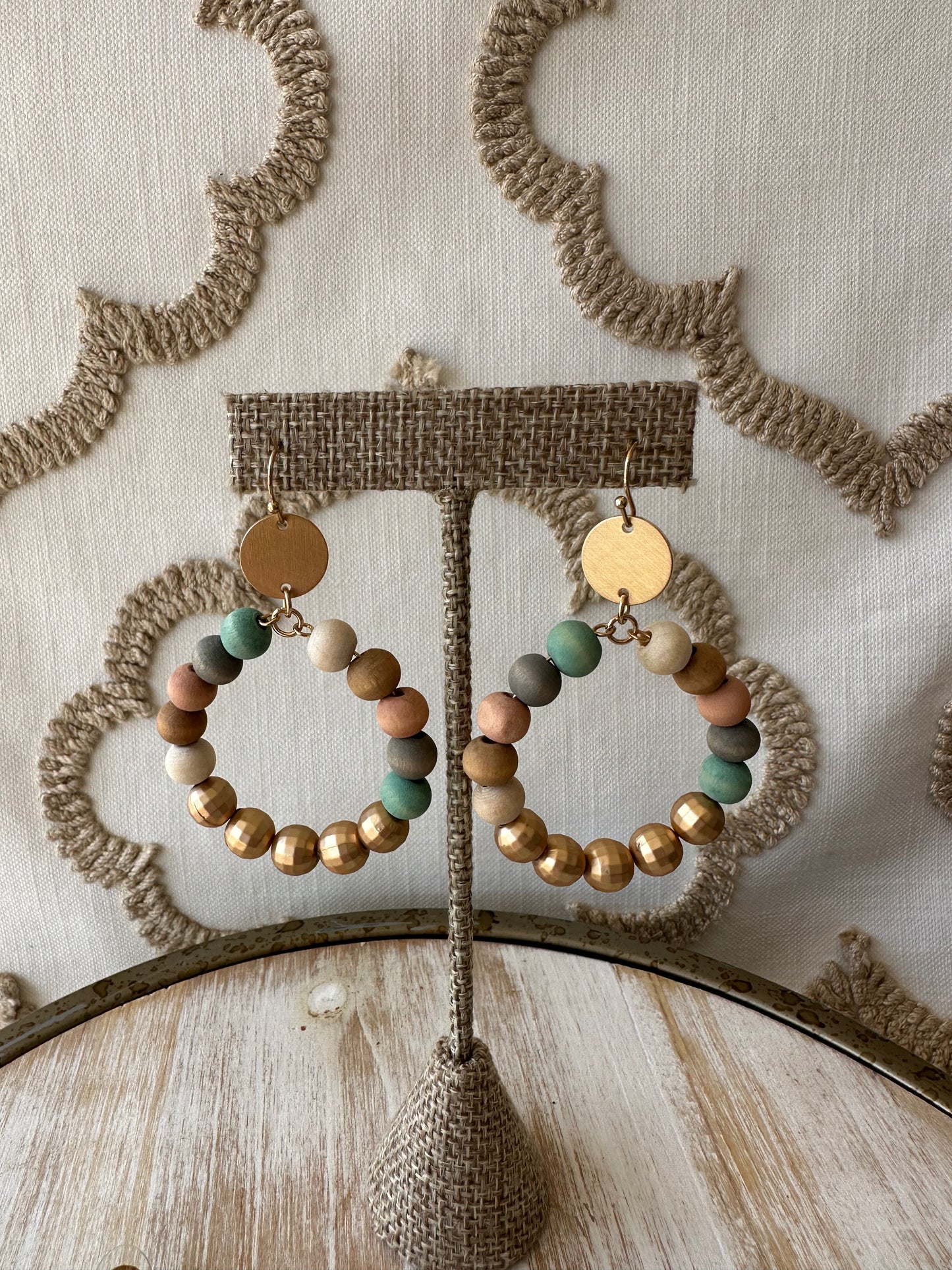 Wood Bead & Gold Earring