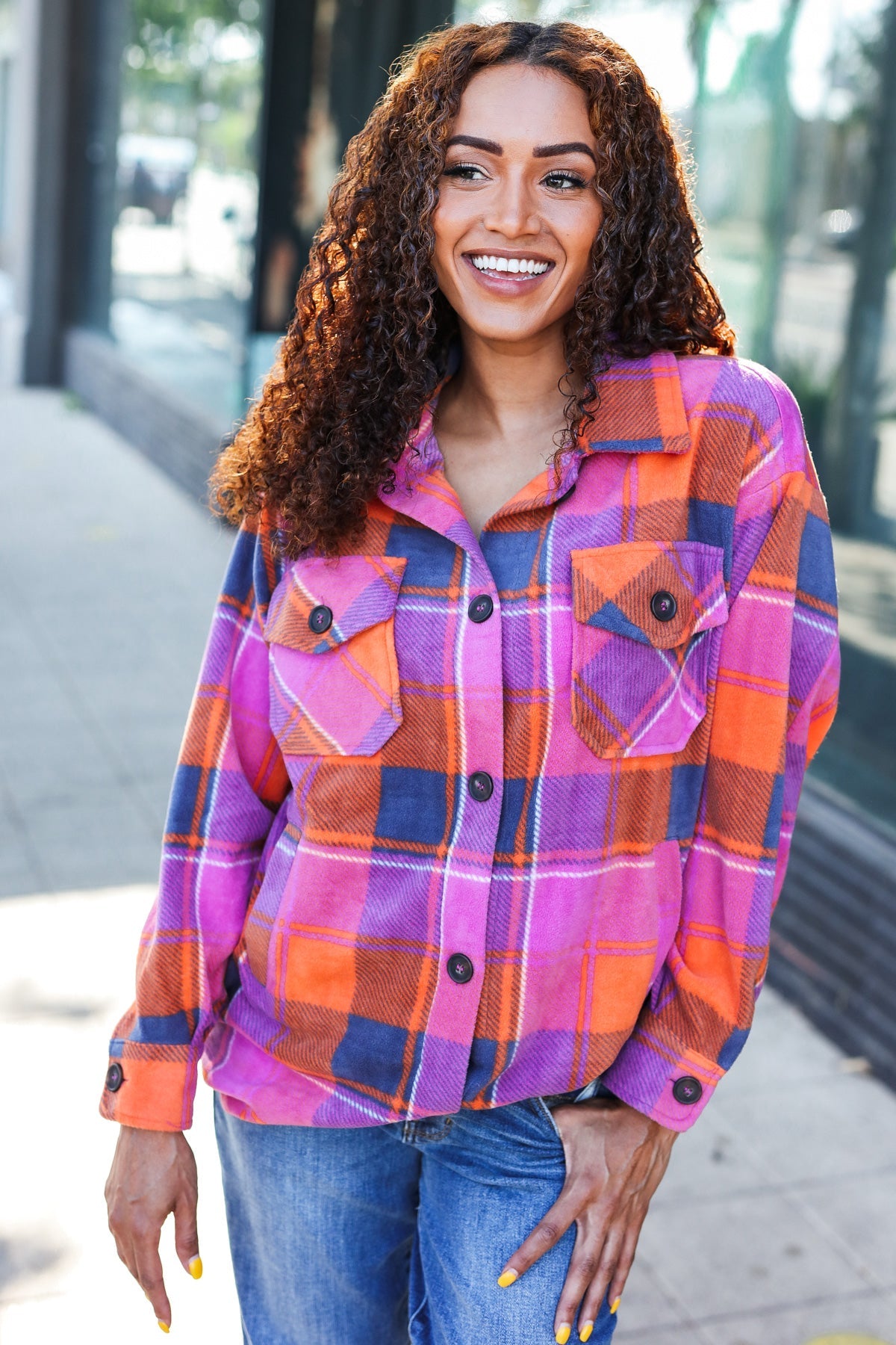 Stand Out Magenta & Orange Plaid Fleece Collared Shacket