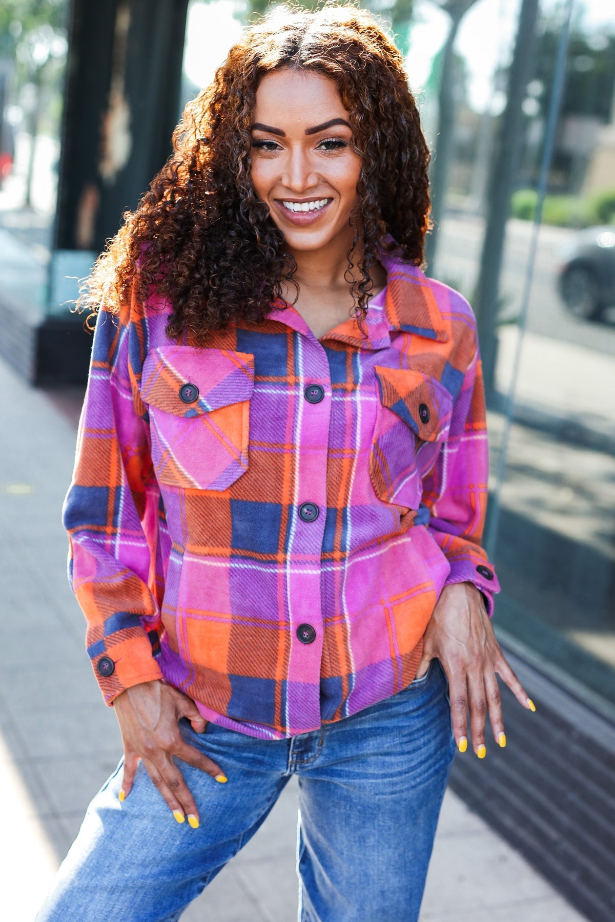 Stand Out Magenta & Orange Plaid Fleece Collared Shacket