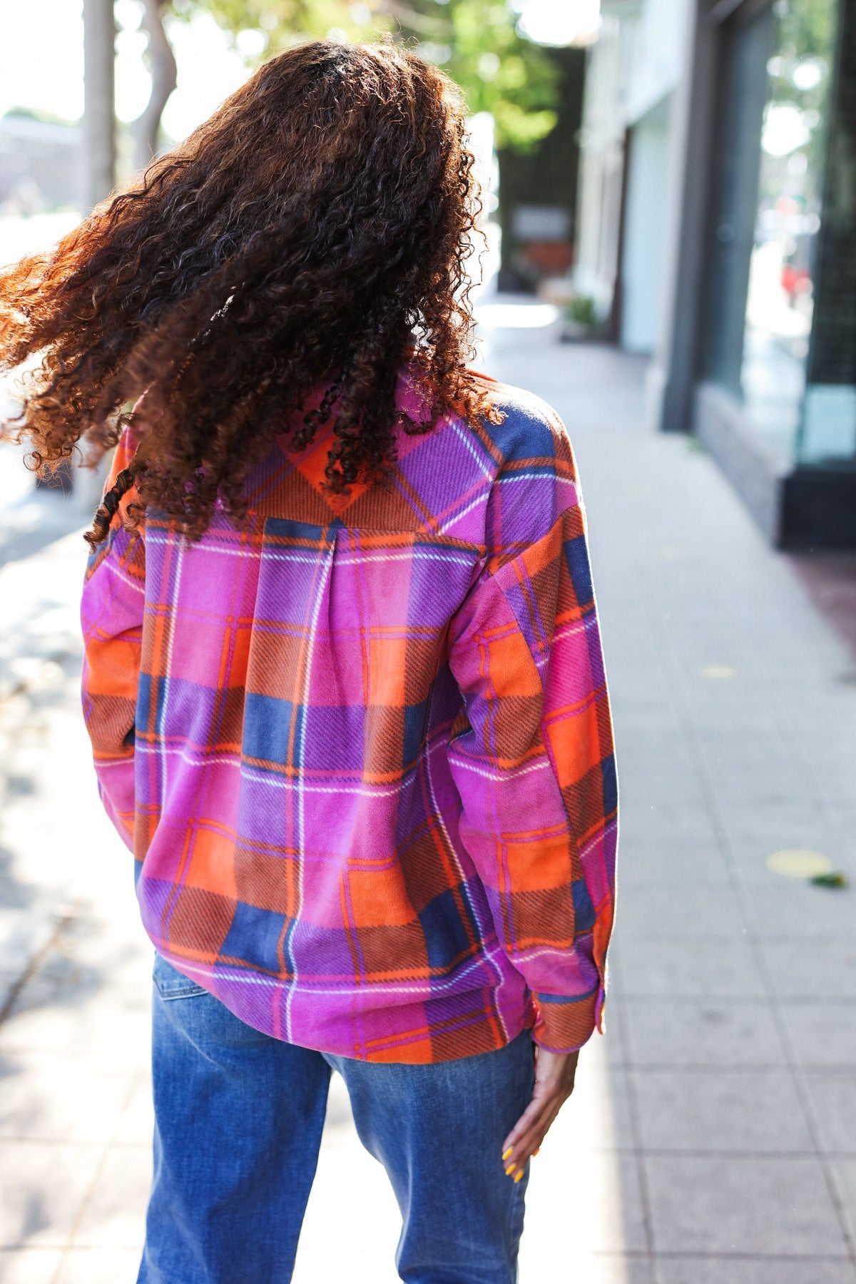 Stand Out Magenta & Orange Plaid Fleece Collared Shacket