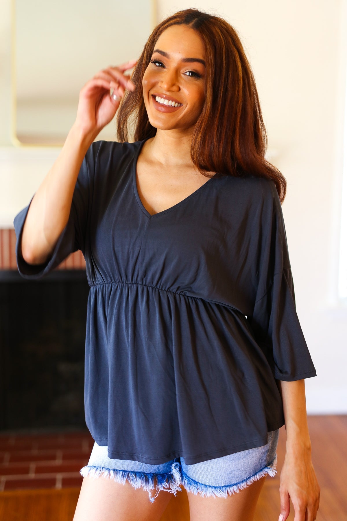 Easy To Love Charcoal Babydoll V Neck Top