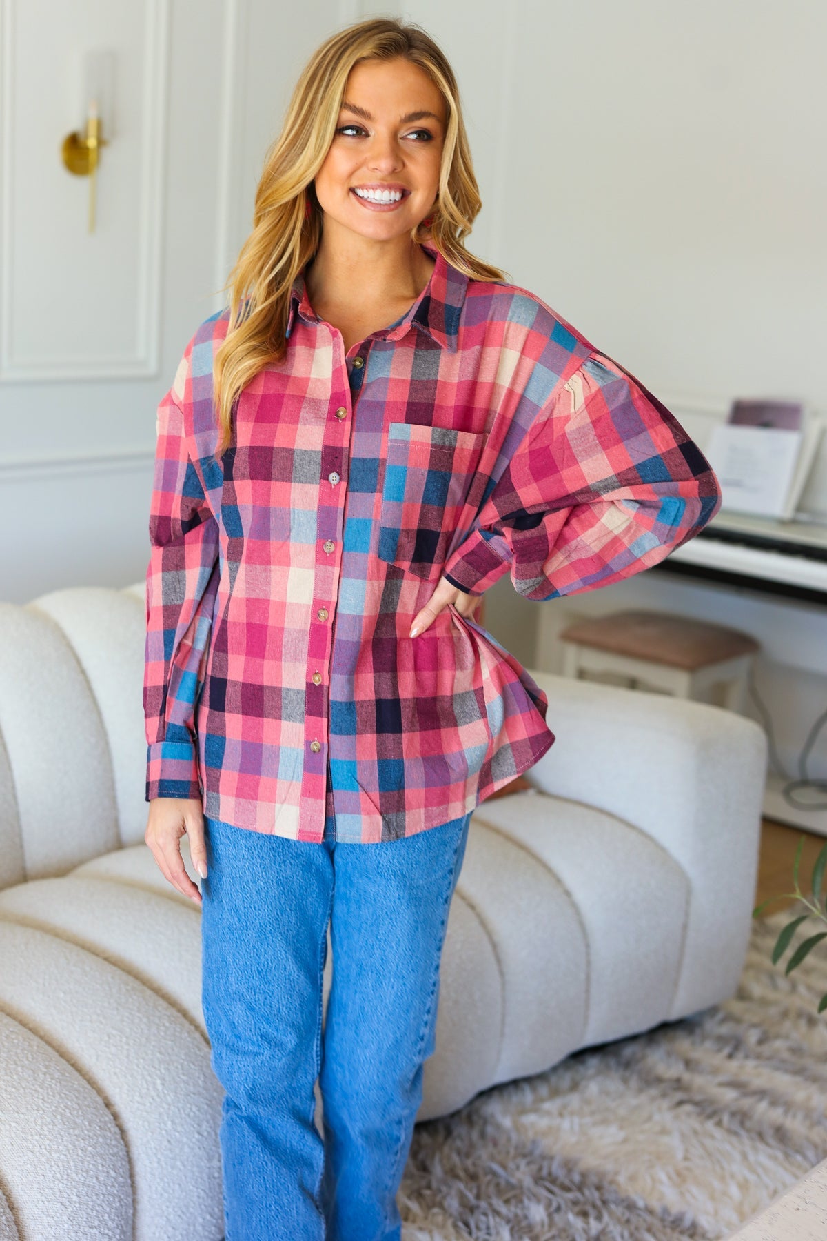 Check It Out Washed Plaid Button Up Top