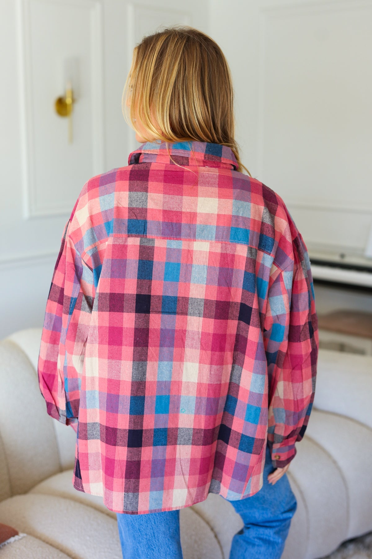 Check It Out Washed Plaid Button Up Top