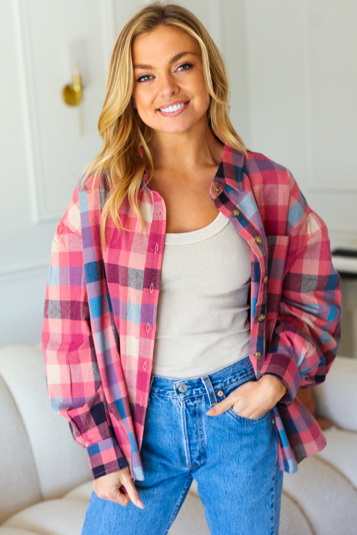 Check It Out Washed Plaid Button Up Top