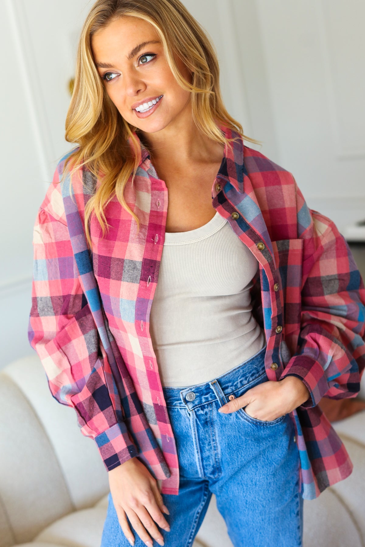 Check It Out Washed Plaid Button Up Top