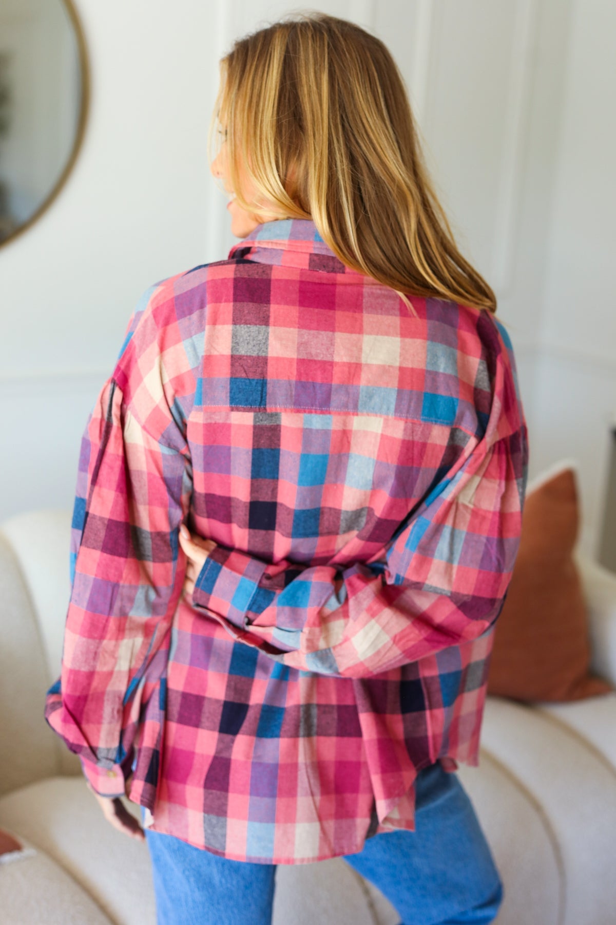 Check It Out Washed Plaid Button Up Top