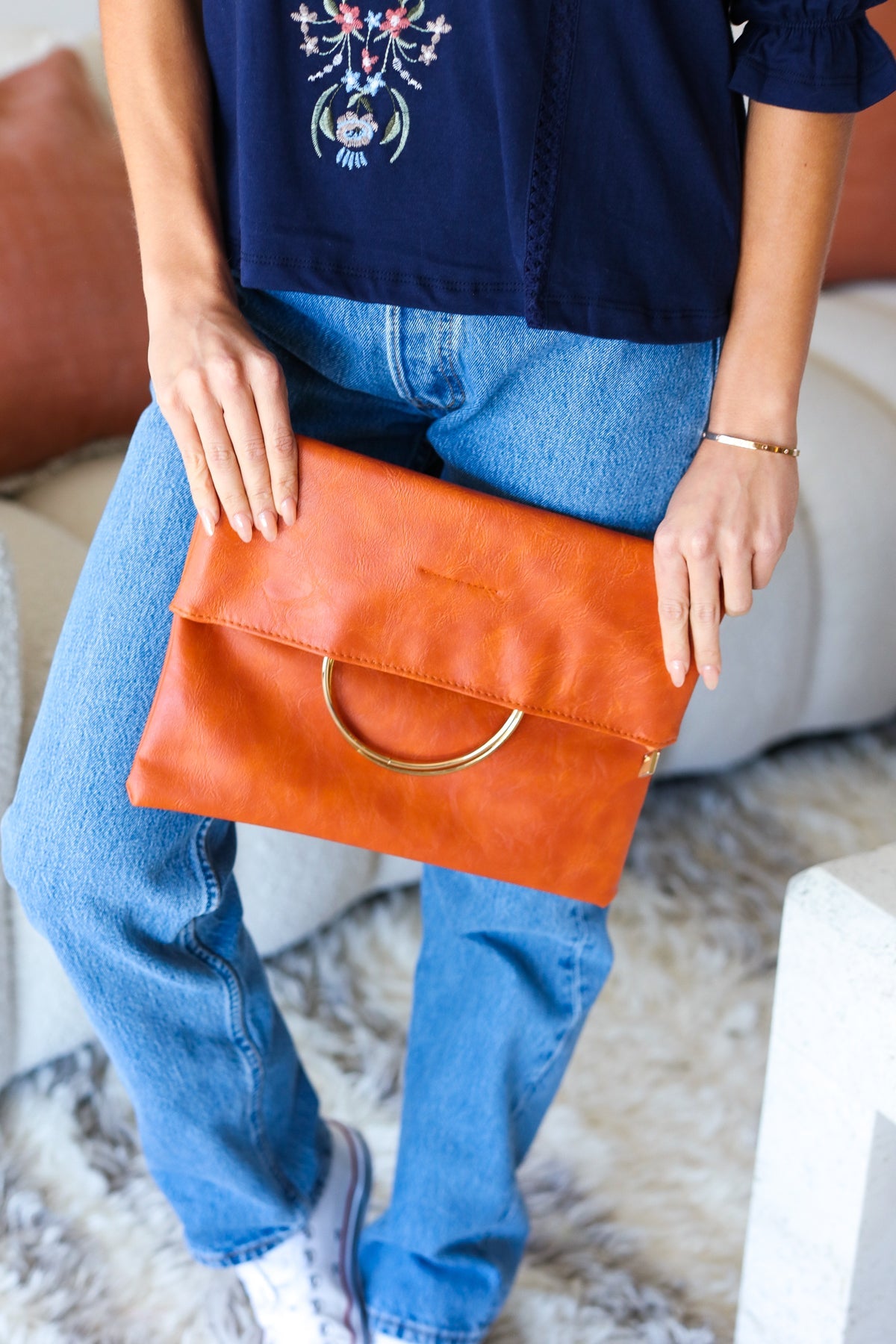 Burnt Orange Fold Over Faux Leather Clutch