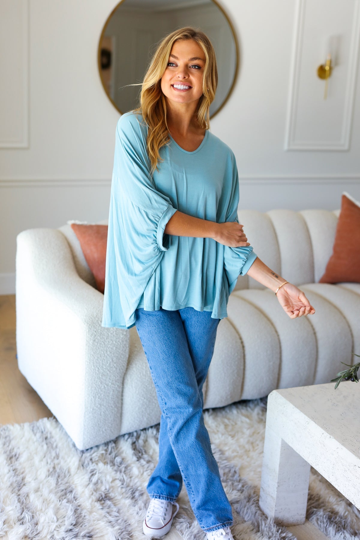 Call On Me Aqua Dolman Knit Top