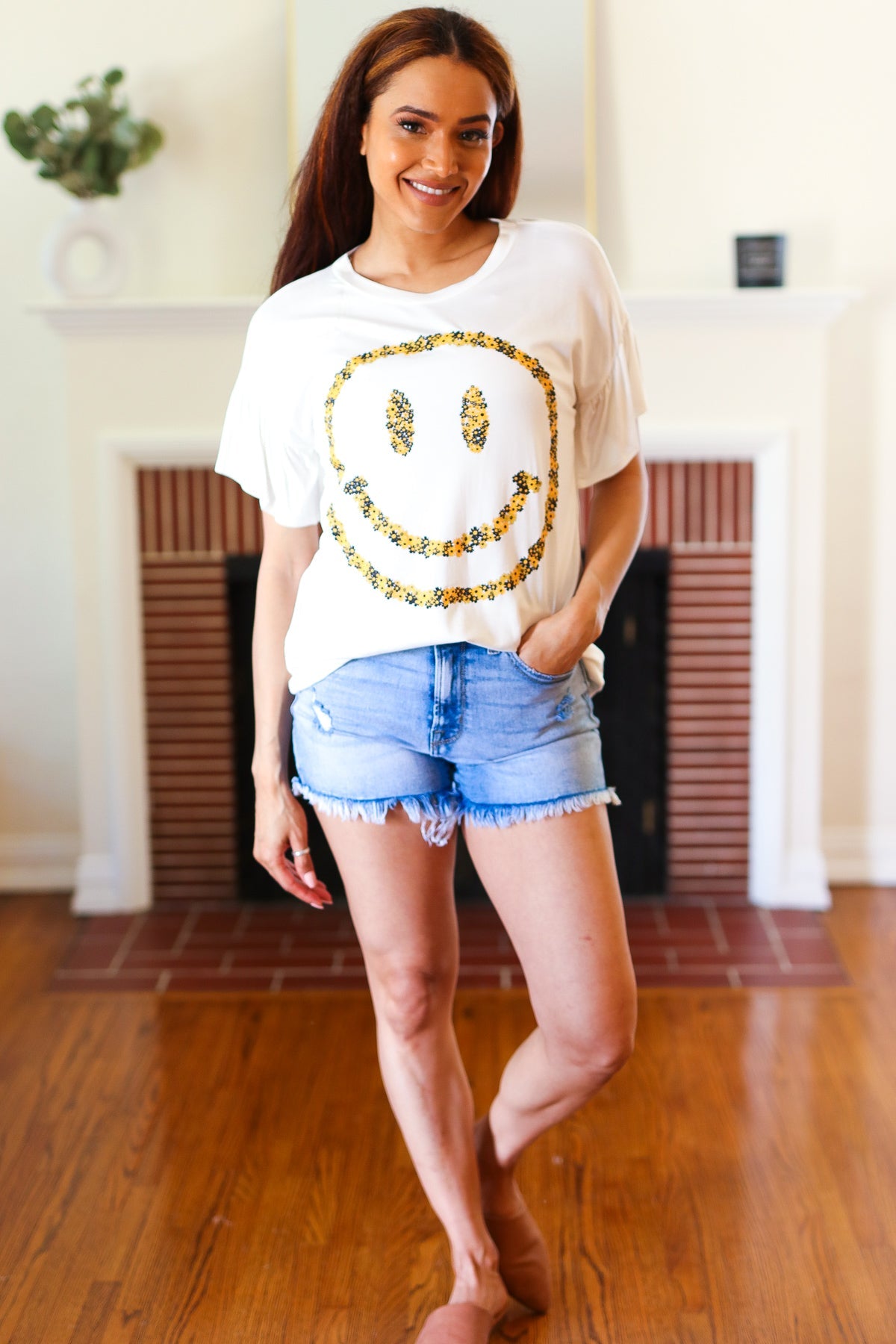 White Floral Smiley Face Flutter Sleeve Tee