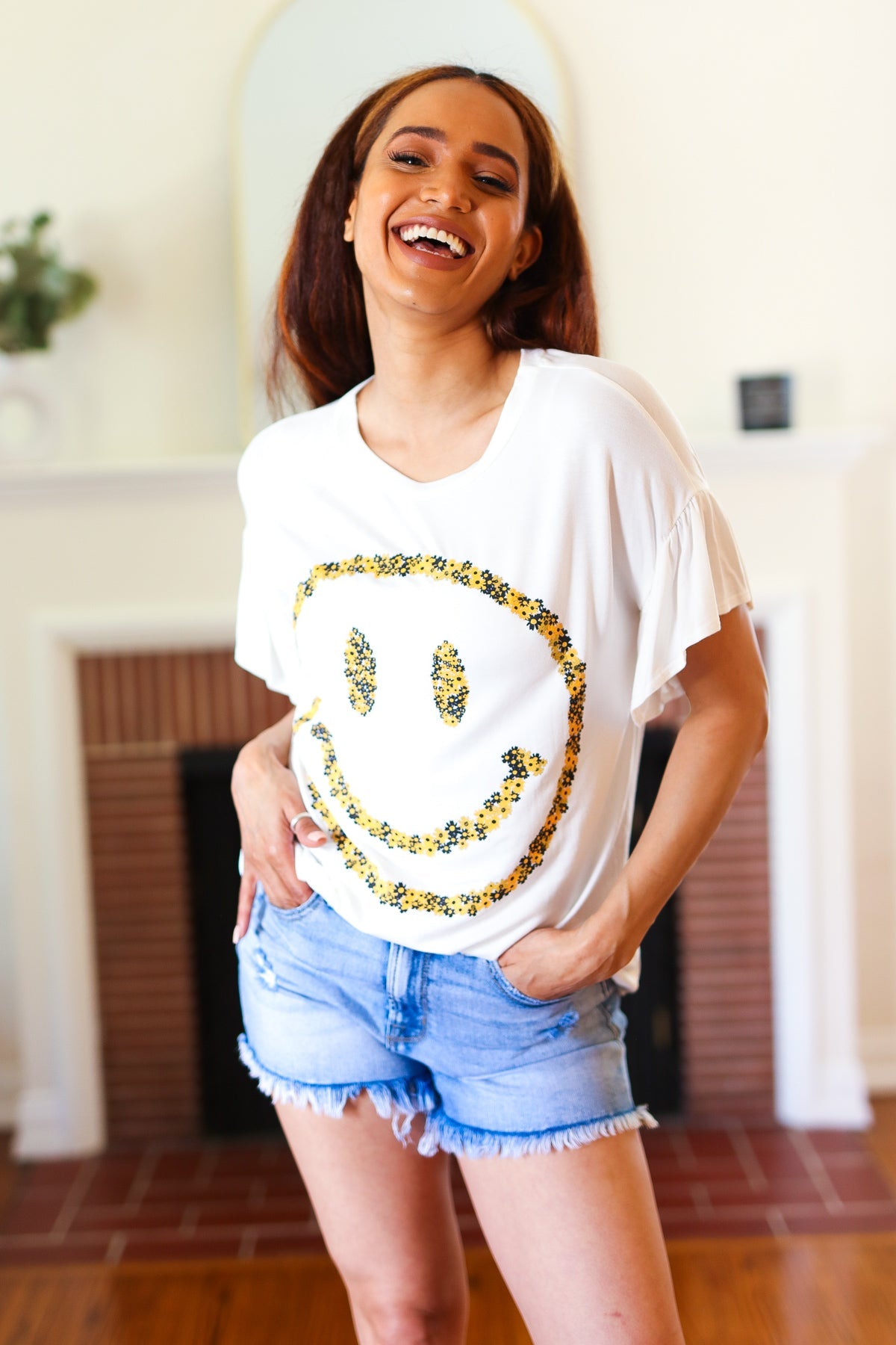 White Floral Smiley Face Flutter Sleeve Tee