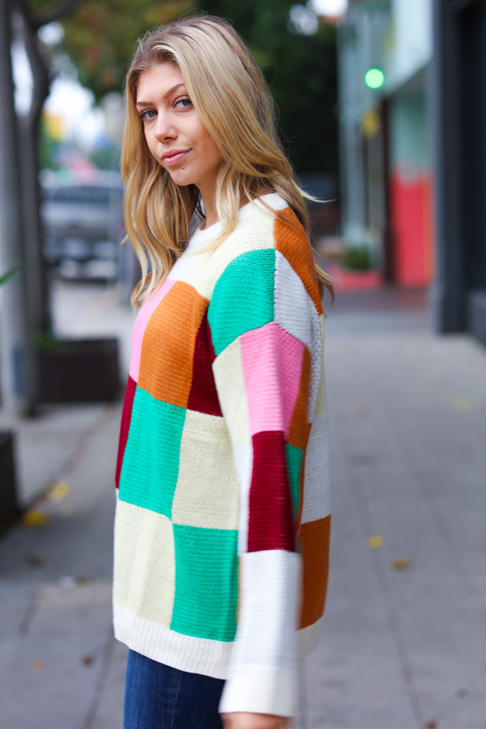 Adorable Ivory & Camel Checker Knit Sweater