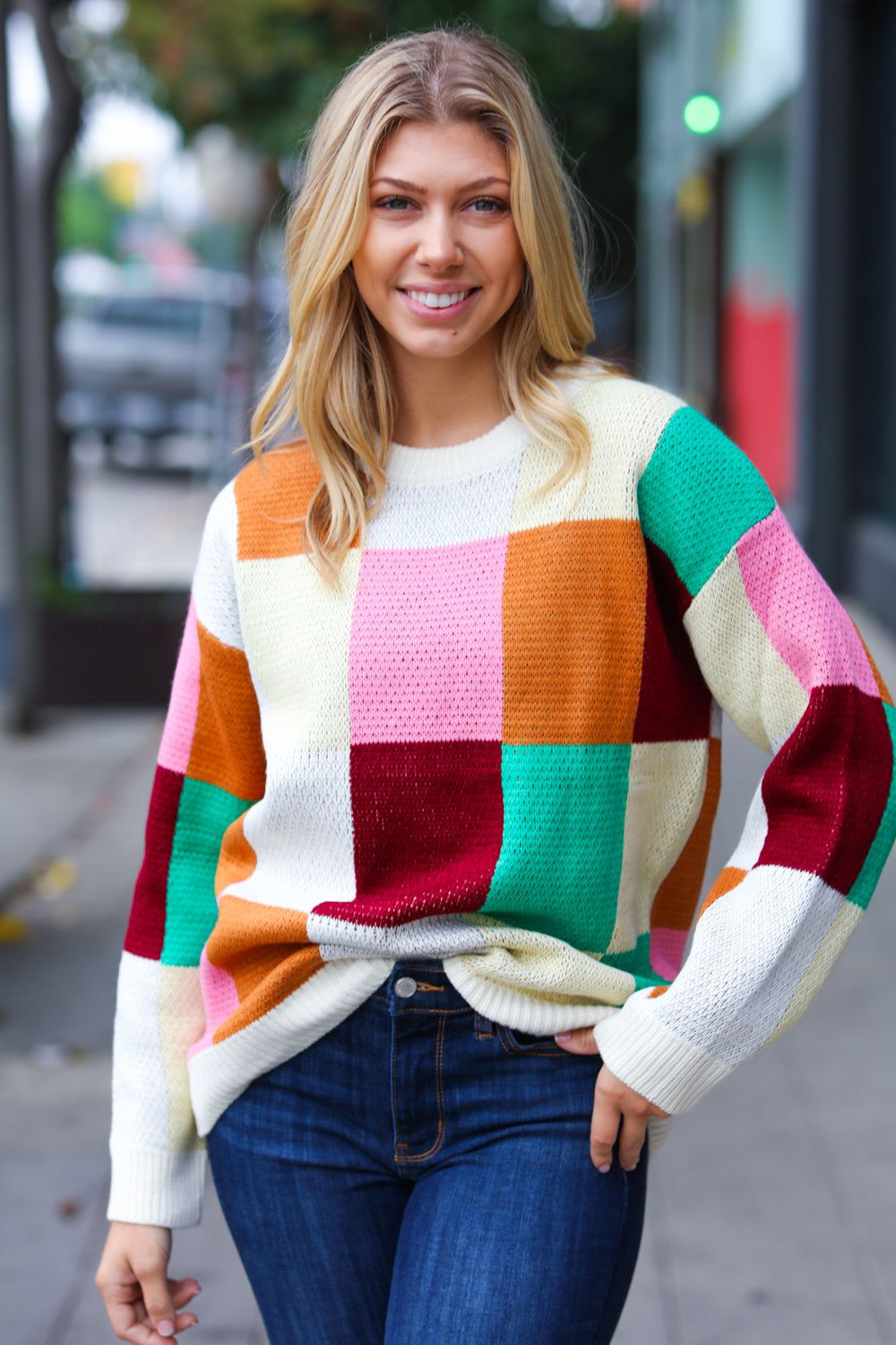 Adorable Ivory & Camel Checker Knit Sweater