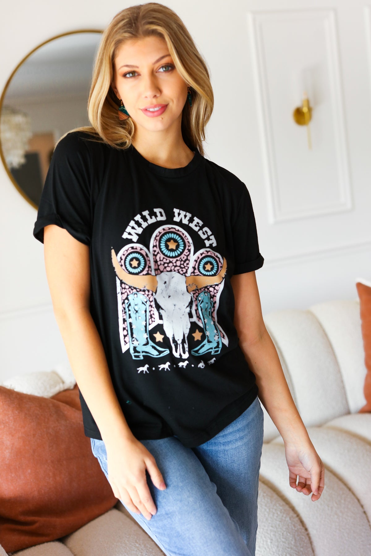 Black Cotton Wild West Graphic Knit Tee
