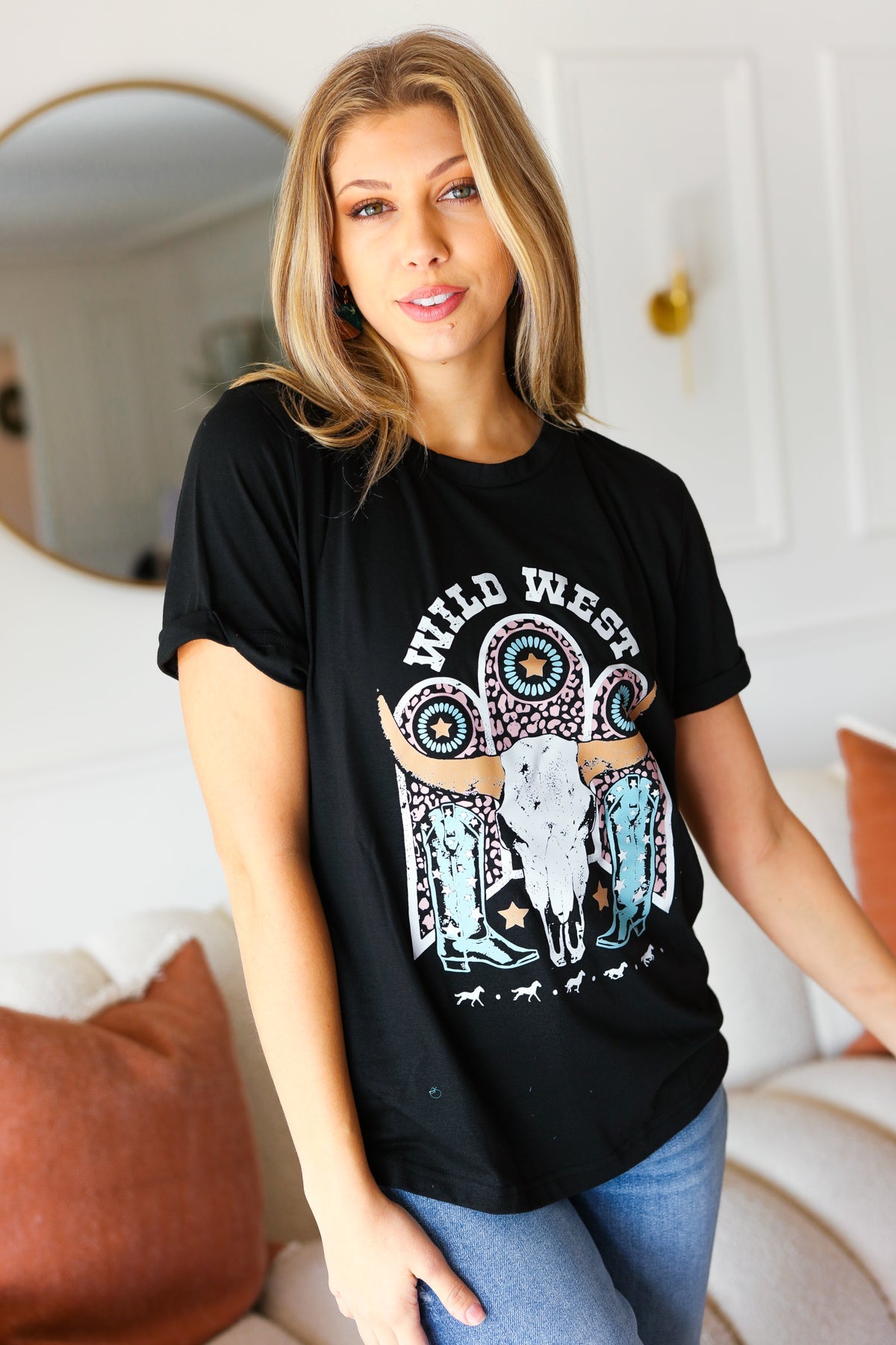Black Cotton Wild West Graphic Knit Tee