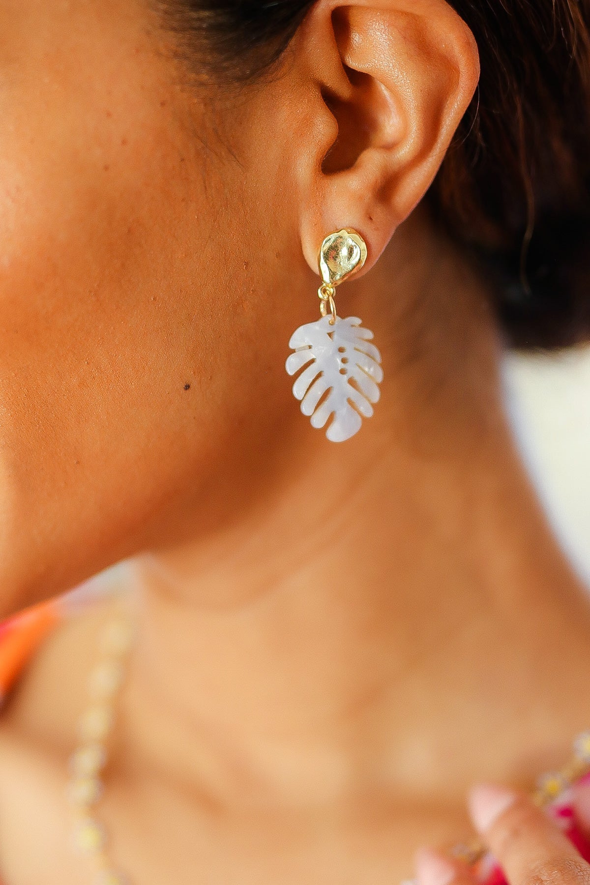 Pearl Tropical Acrylic Leaf Drop Earrings