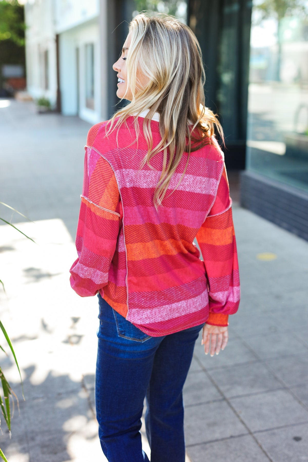 Be Bold Magenta Striped Button Down Placket Collared Top