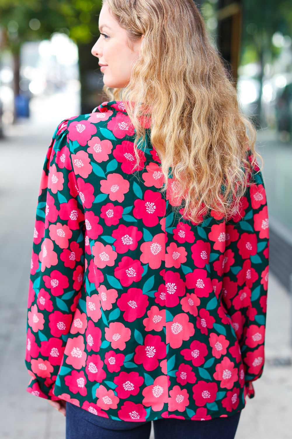 Your Best Days Magenta & Hunter Green Floral Print Frill Neck Top