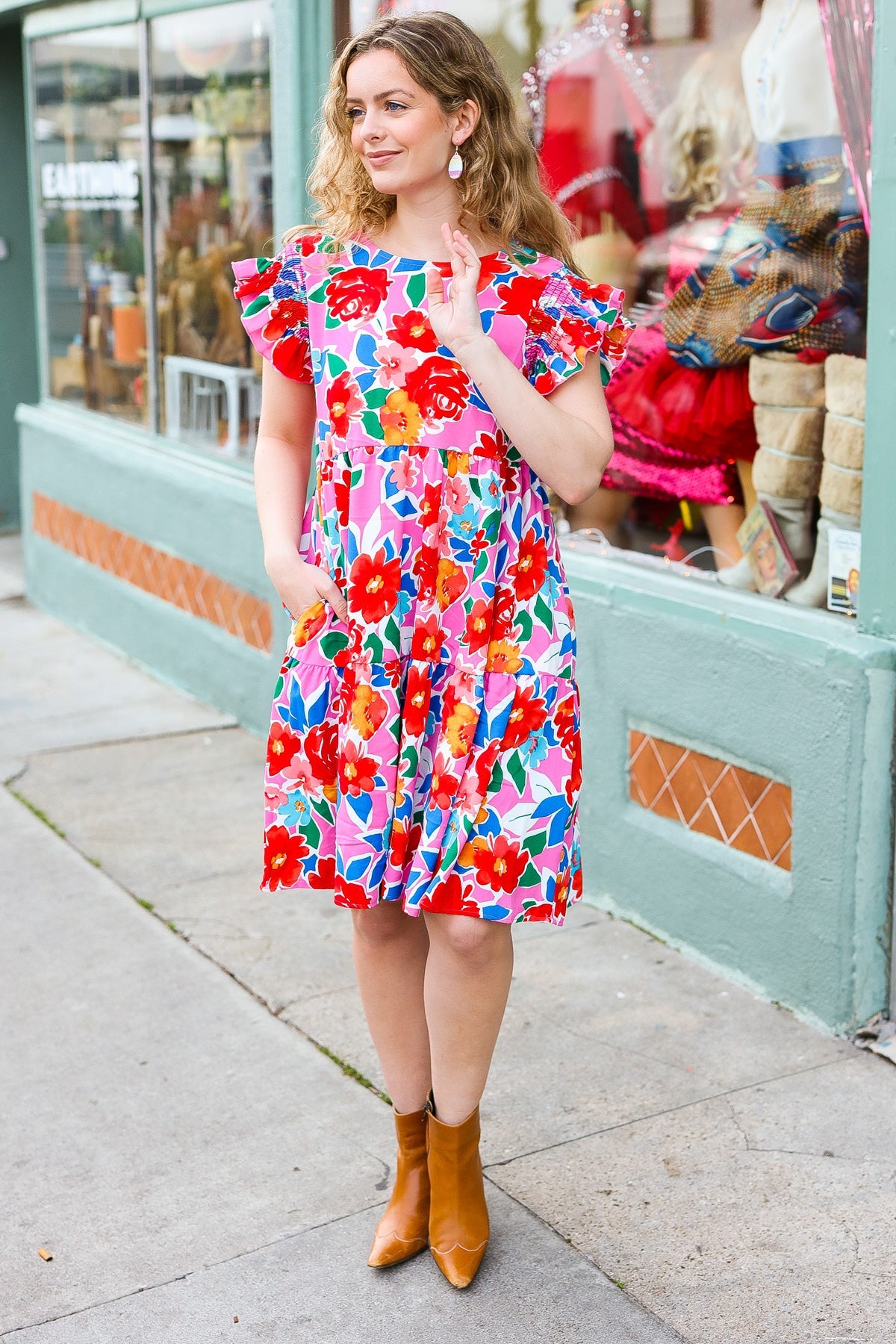 Pink Floral Smocked Ruffle Sleeve Tiered Dress