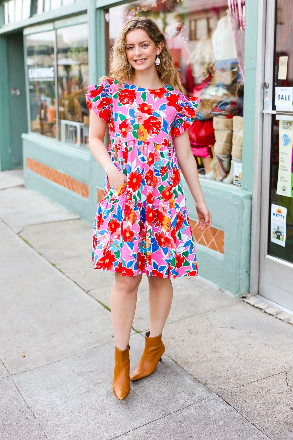 Pink Floral Smocked Ruffle Sleeve Tiered Dress