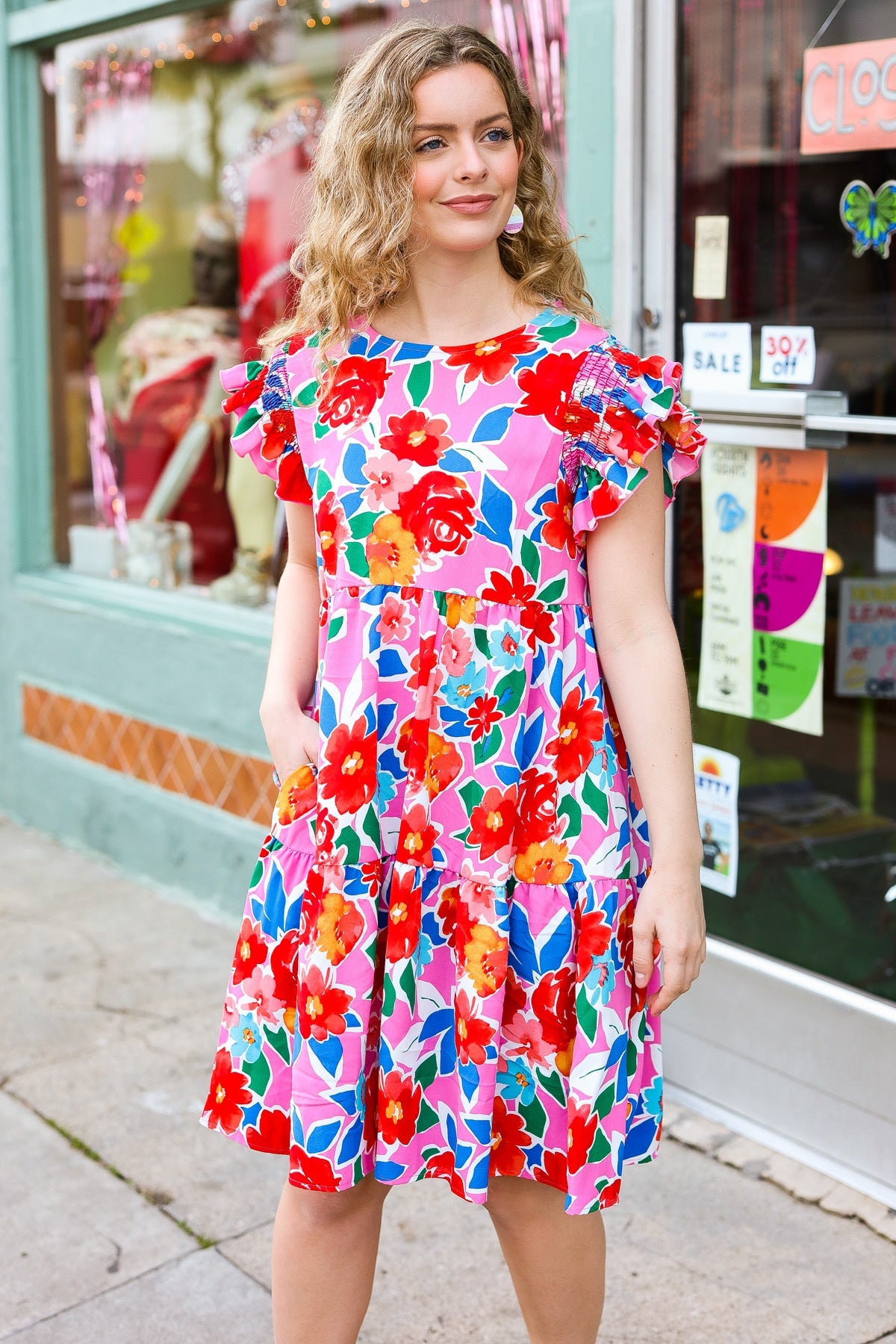 Pink Floral Smocked Ruffle Sleeve Tiered Dress