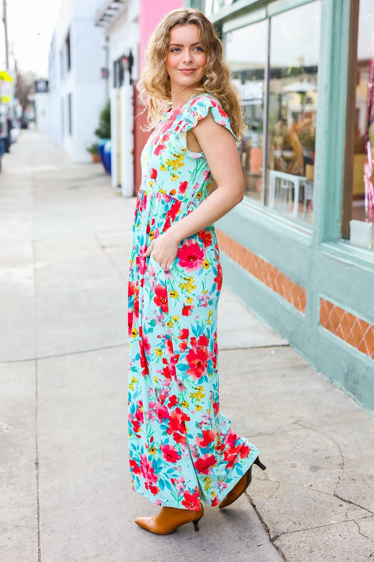 Aqua Floral Fit & Flare Maxi Dress