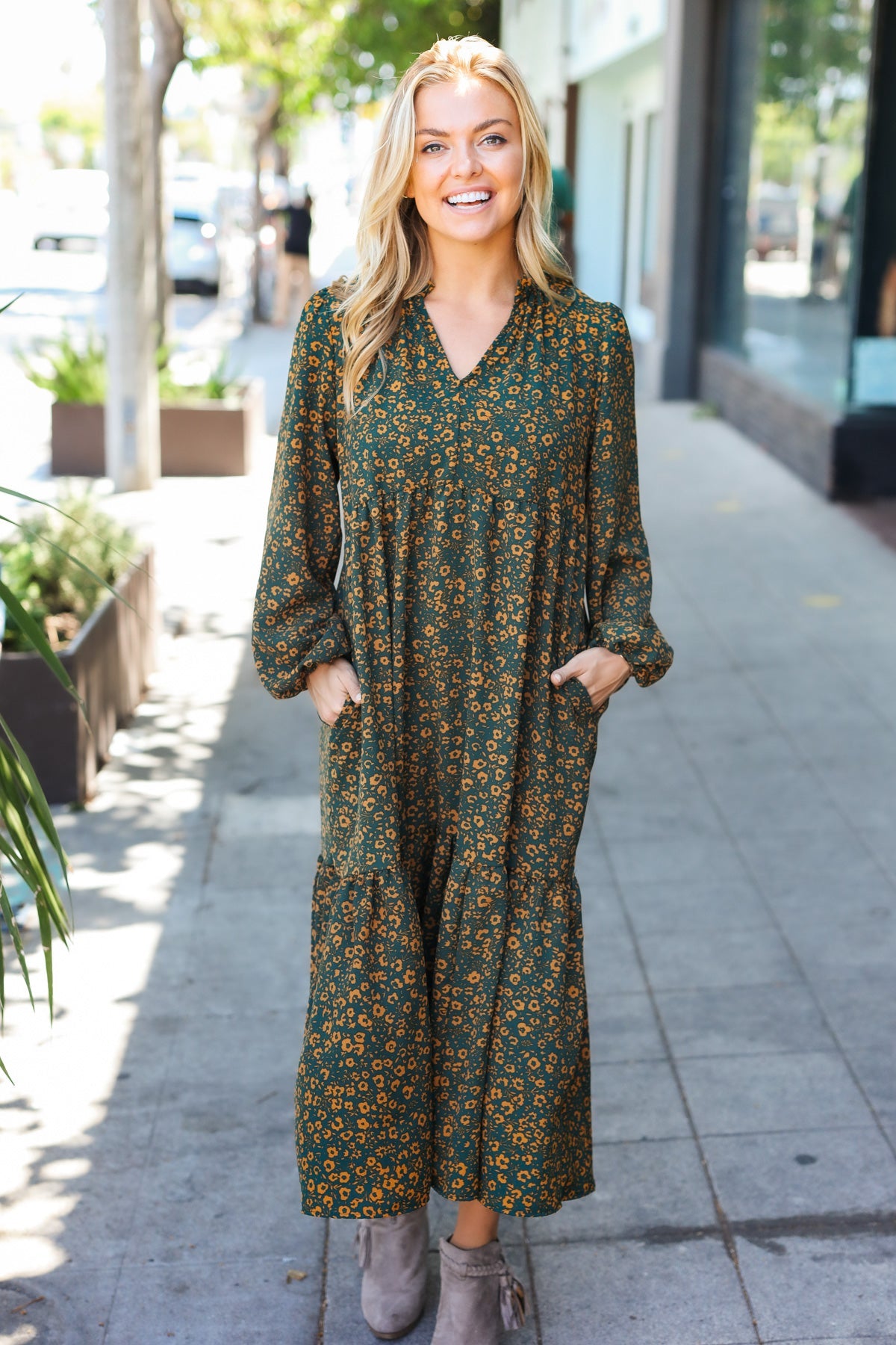 Hunter Green Floral Print Notched Neck Tiered Maxi Dress