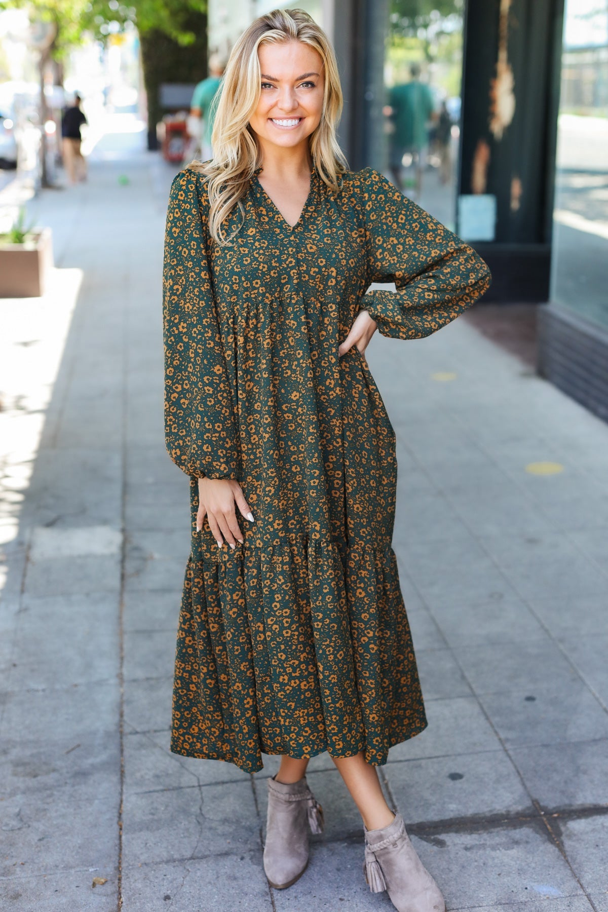 Hunter Green Floral Print Notched Neck Tiered Maxi Dress