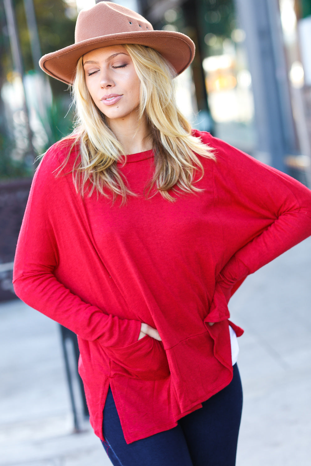 Going My Way Red Dolman Pocketed Sweater Top