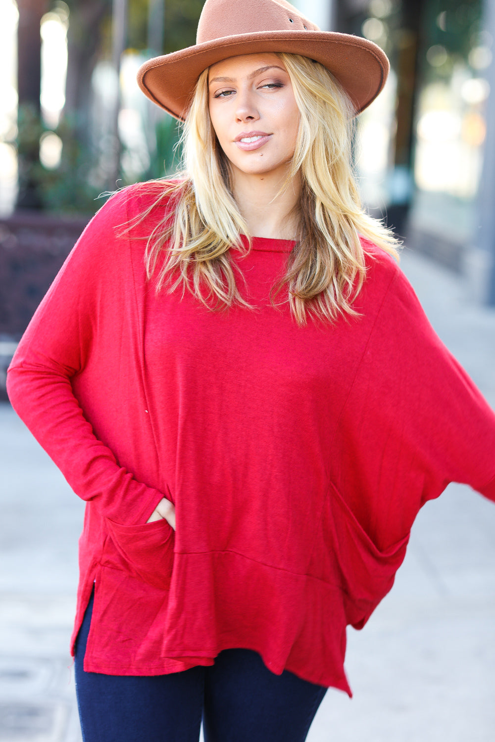 Going My Way Red Dolman Pocketed Sweater Top