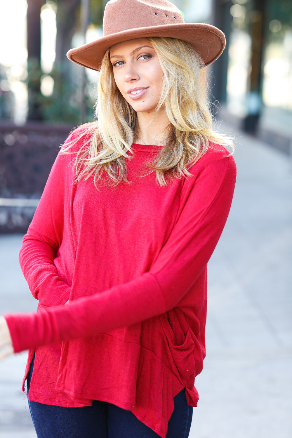 Going My Way Red Dolman Pocketed Sweater Top