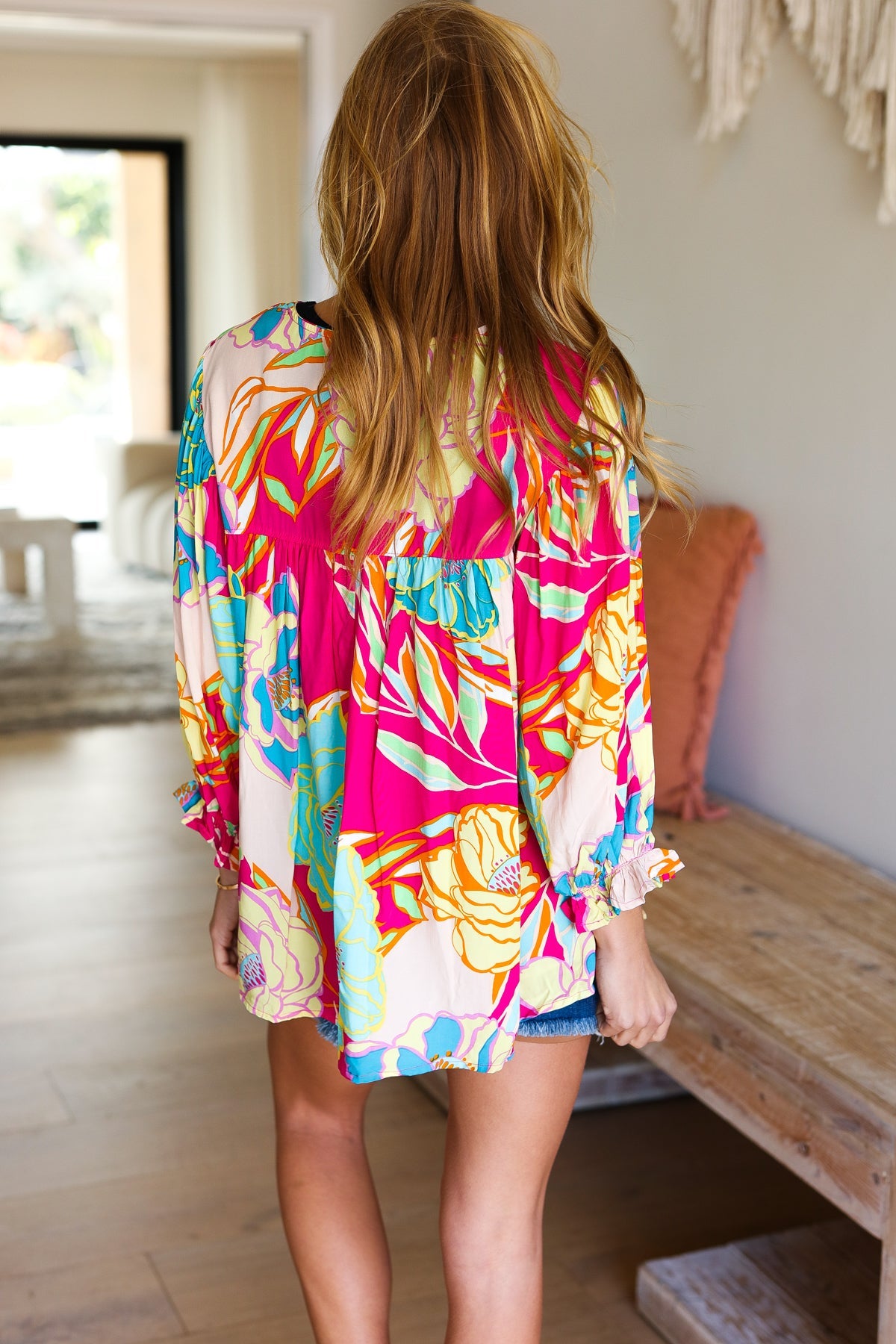 Fuchsia Floral Print Ruffle Sleeve Top