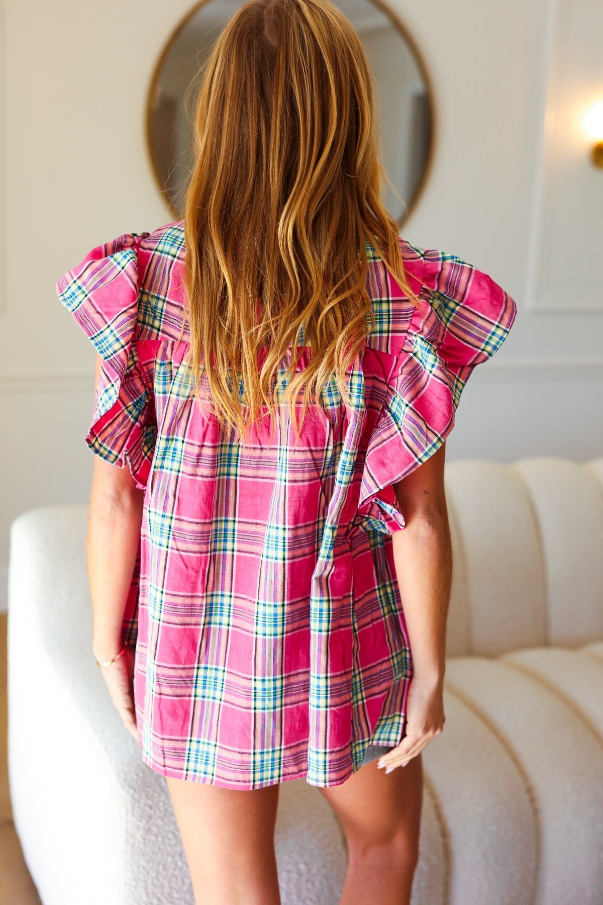 Fuchsia Plaid Flutter Sleeve Top