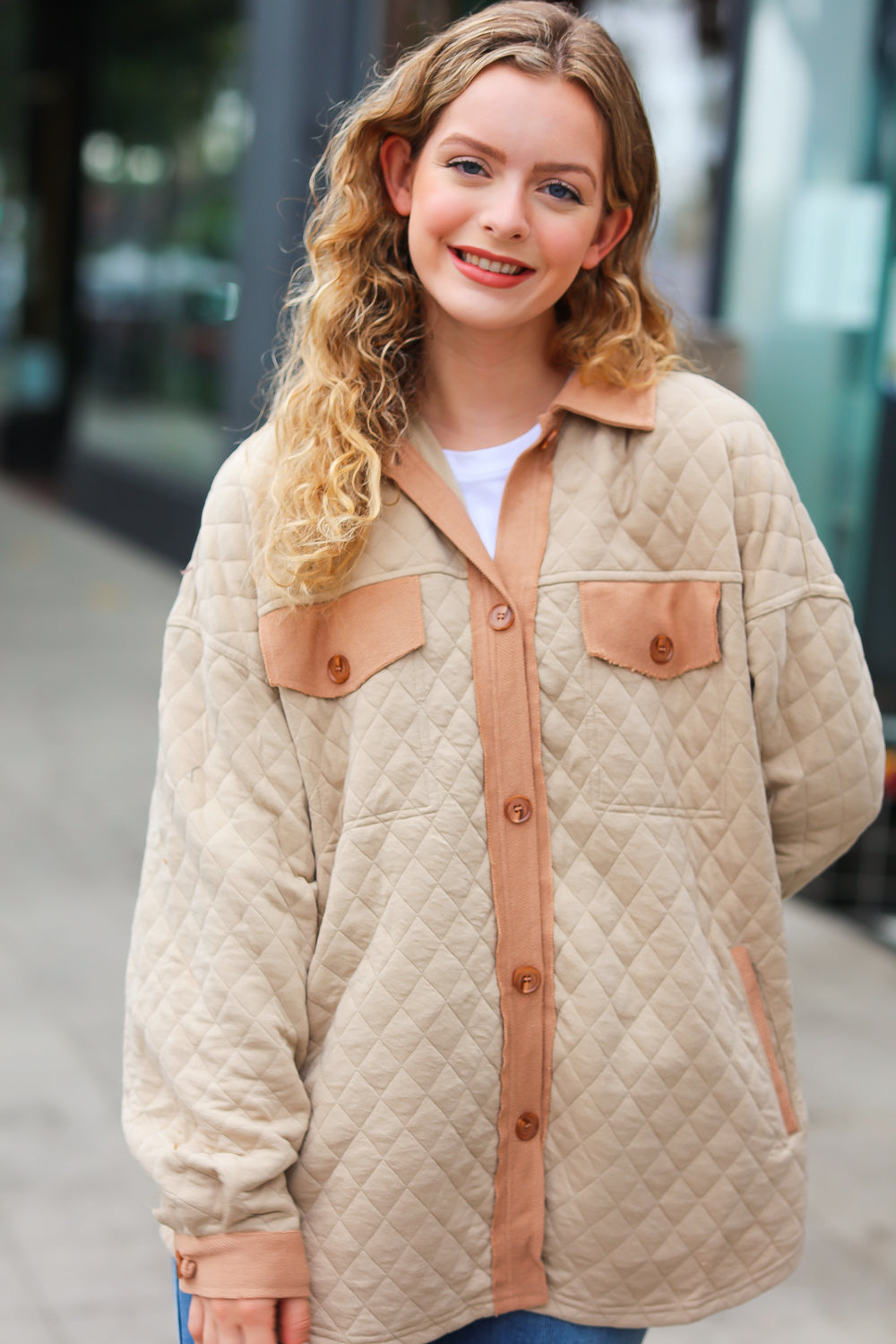 Taupe Quilted Knit Button Down Shacket