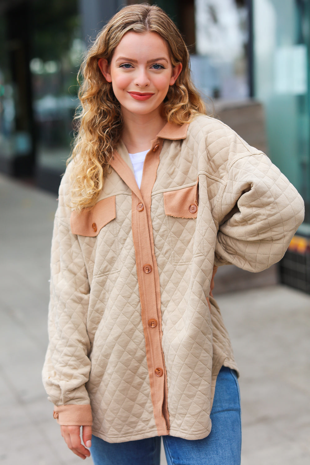 Taupe Quilted Knit Button Down Shacket