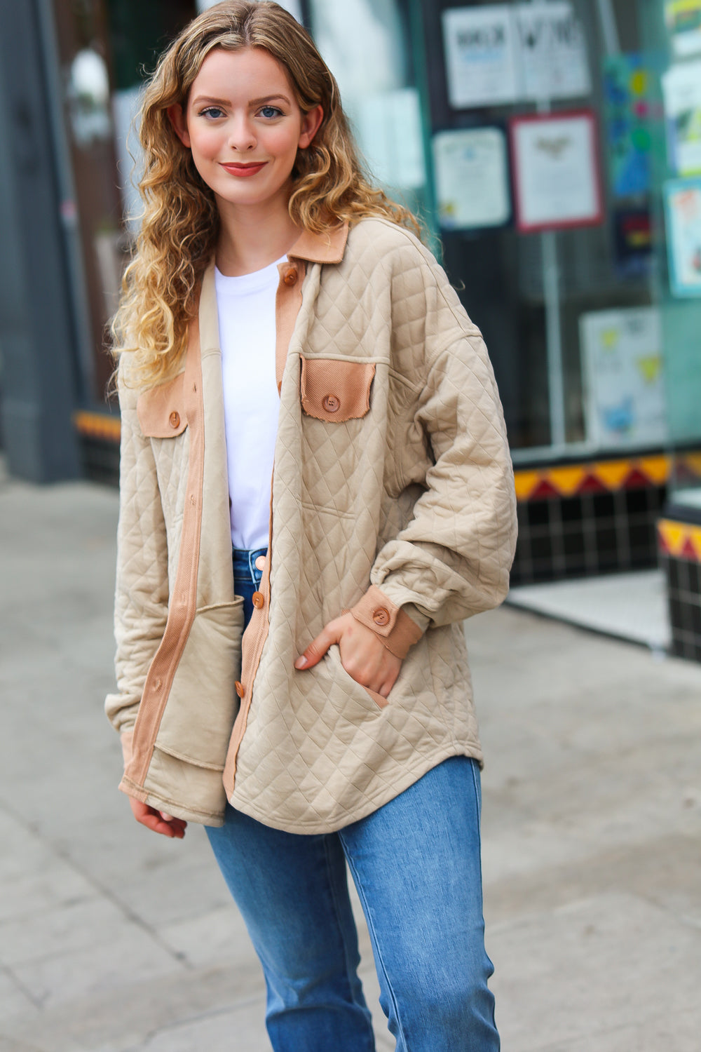 Taupe Quilted Knit Button Down Shacket