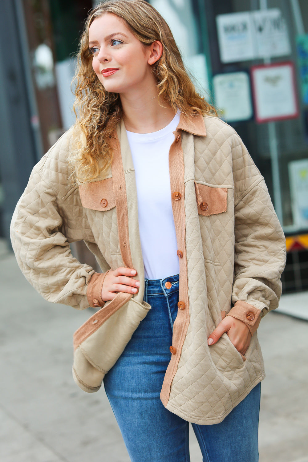 Taupe Quilted Knit Button Down Shacket
