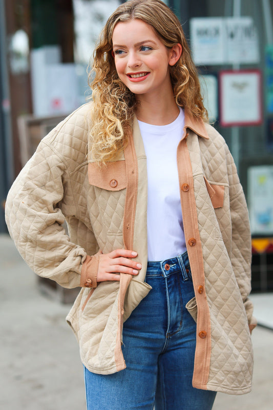 Taupe Quilted Knit Button Down Shacket