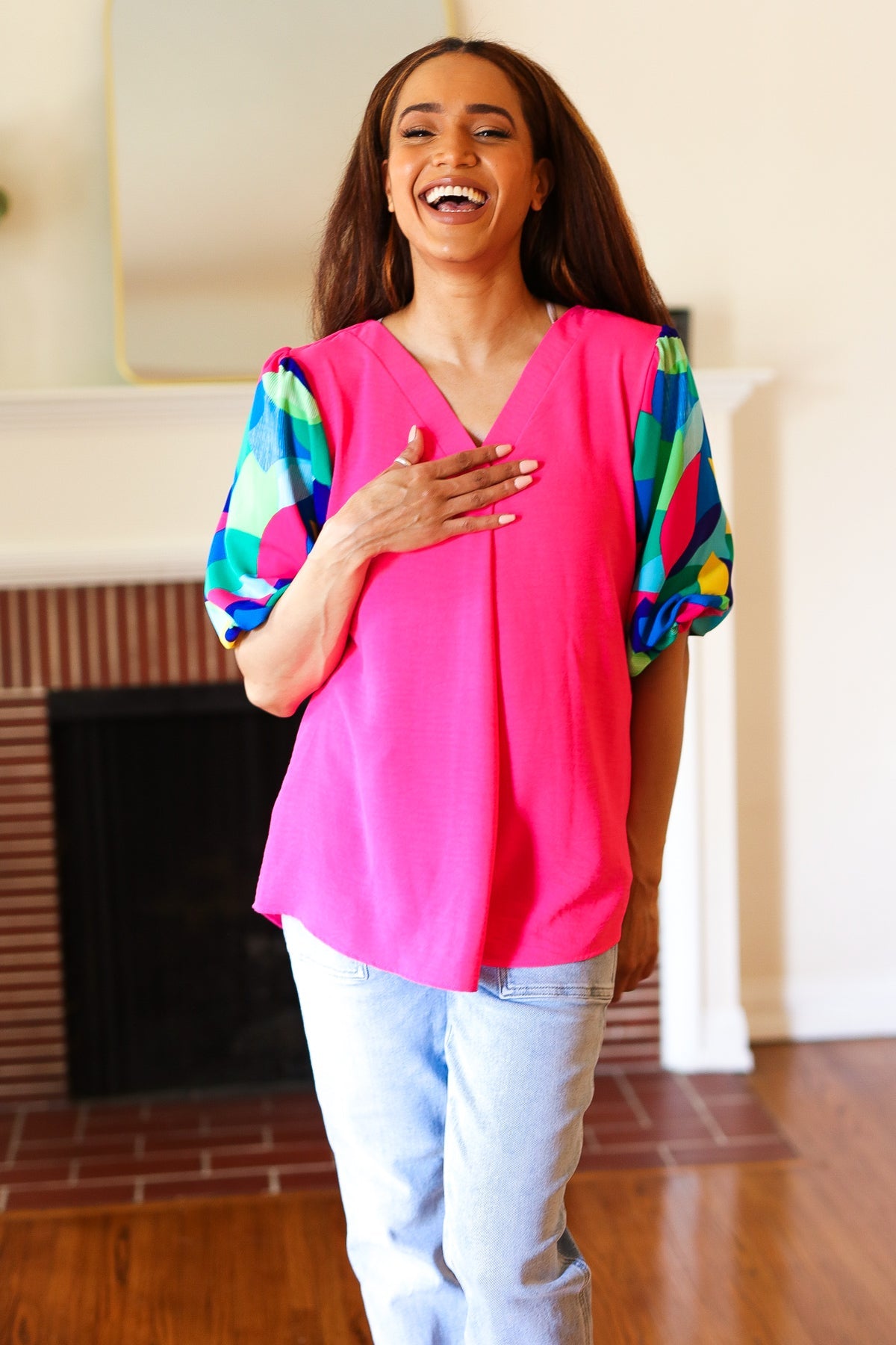 Tell Your Story Fuchsia Geo Print Puff Sleeve Top