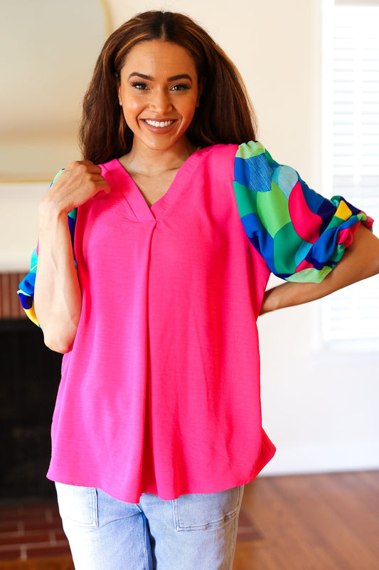 Tell Your Story Fuchsia Geo Print Puff Sleeve Top